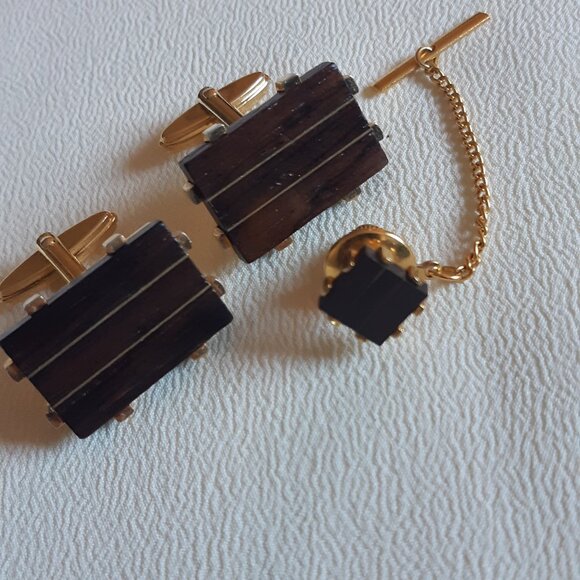 Vintage 1960s Wood Inlay Cuff Link & Tie Tack Set Gold Tone - Picture 8 of 8